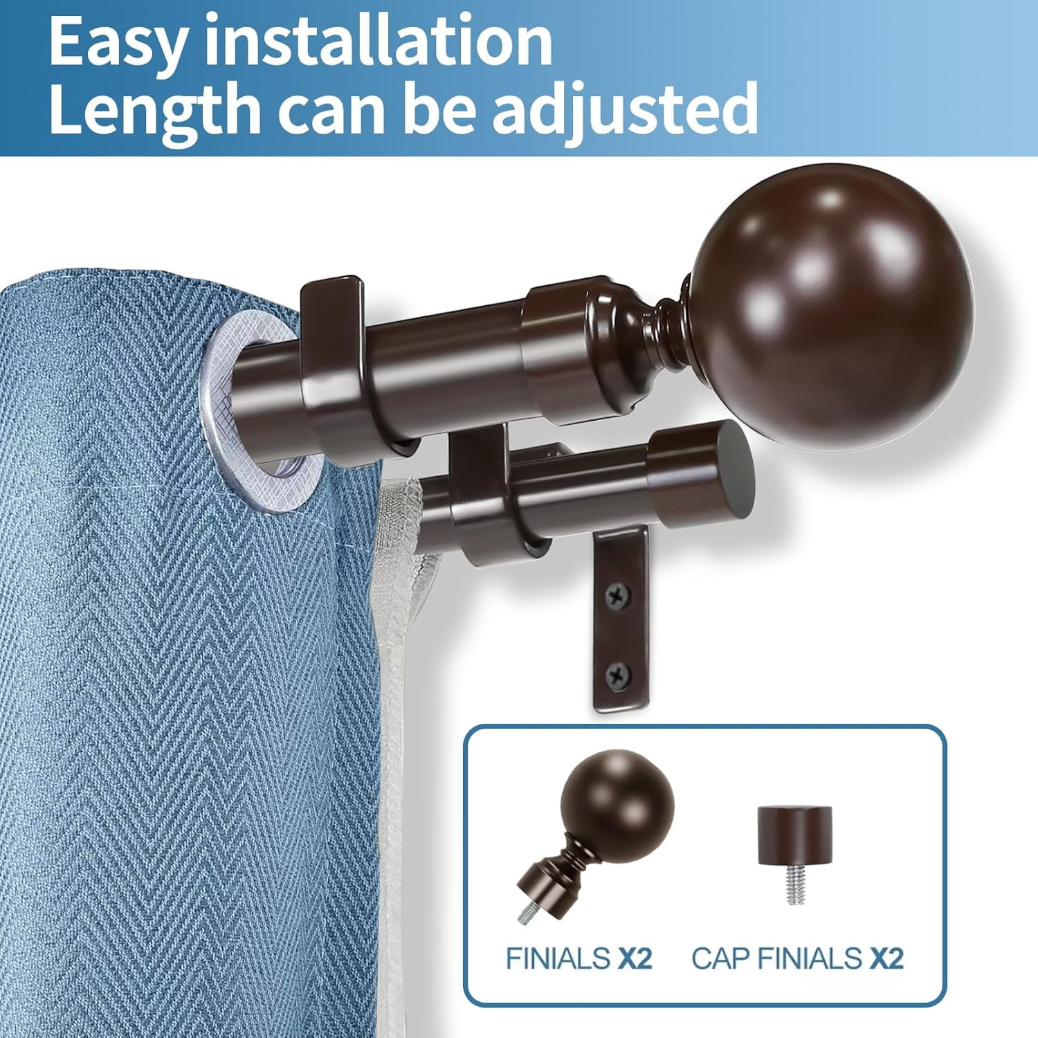 Urbanest Adjustable Double Curtain Rod Set Steel Ball Manhattan Finials – 1″ Front & 3/4 Back Rod With Bronze Rod, 28–48 Inches