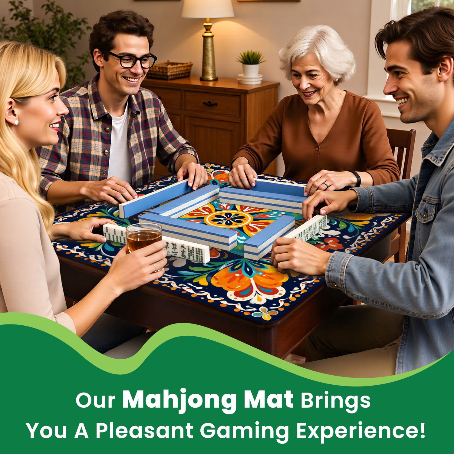 Mahjong Mat 31.5" x 31.5" Floral Mandala Geometric Warm Orange Coral Symmetry Non-Slip Noise Reduction Mahjong Tiles Table Cover for Dominoes Poker Card Board and Tile Games