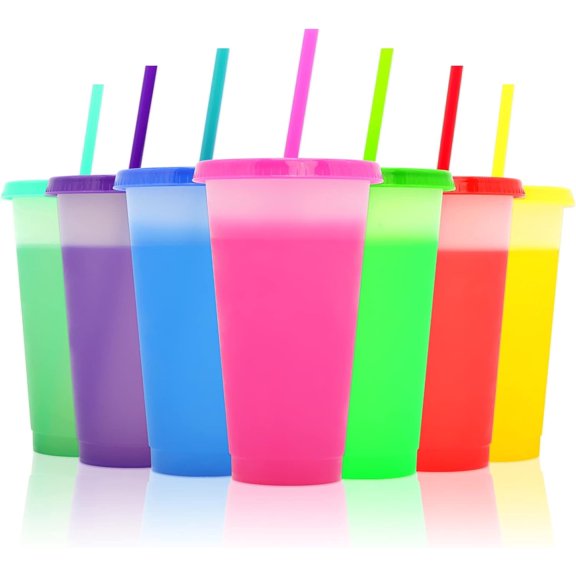 Tutuviw Color Changing Cups Tumblers with Lids & Straws for Kids - 7 Reusable Plastic Bulk Tumblers 24oz Cold Cup Tumbler Set for Kids
