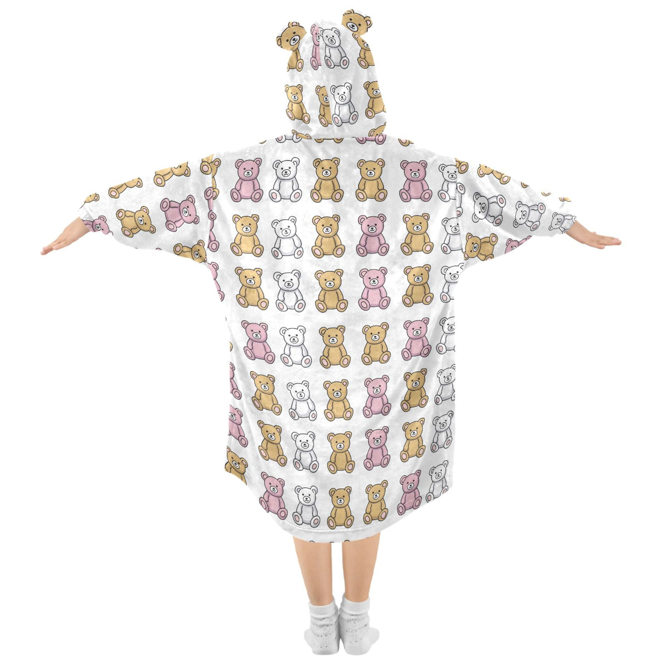 Wearable Blanket Hoodie for Kids Cute Bear Simple Flannel Hooded Blanket with Pockets and Sleeves Suitable for Boys and Girls