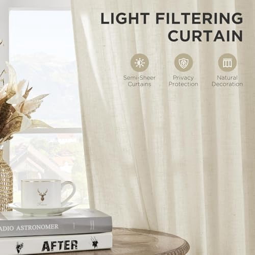 Light Filtering Linen Curtains 96 Inch Length 2 Panel Set for Living Room Bedroom, 52 Inch Wide Drapes with Rod Pocket and Back Tab, Ivory on Linen Fabric (96" L x 52" W)