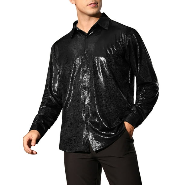 Camisa metálica INSPIRE CHIC para hombres, botón abajo, disfraz de fiesta con brillo, camisa impresa de leopardo brillante