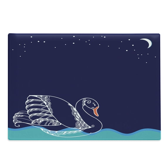 Swan Cutting Board, Silhouette of Big Winged Swan Floating on Waves in Lake Dark Starry Night Graphic Art, Decorative Tempered Glass Cutting and Serving Board, Large Size, White Blue, by Ambesonne
