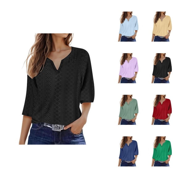 3/4 Length Sleeve Womens Tops 2026 Trendy V Neck Hollow out Plain Business Casual Tshirt Womens Blouses