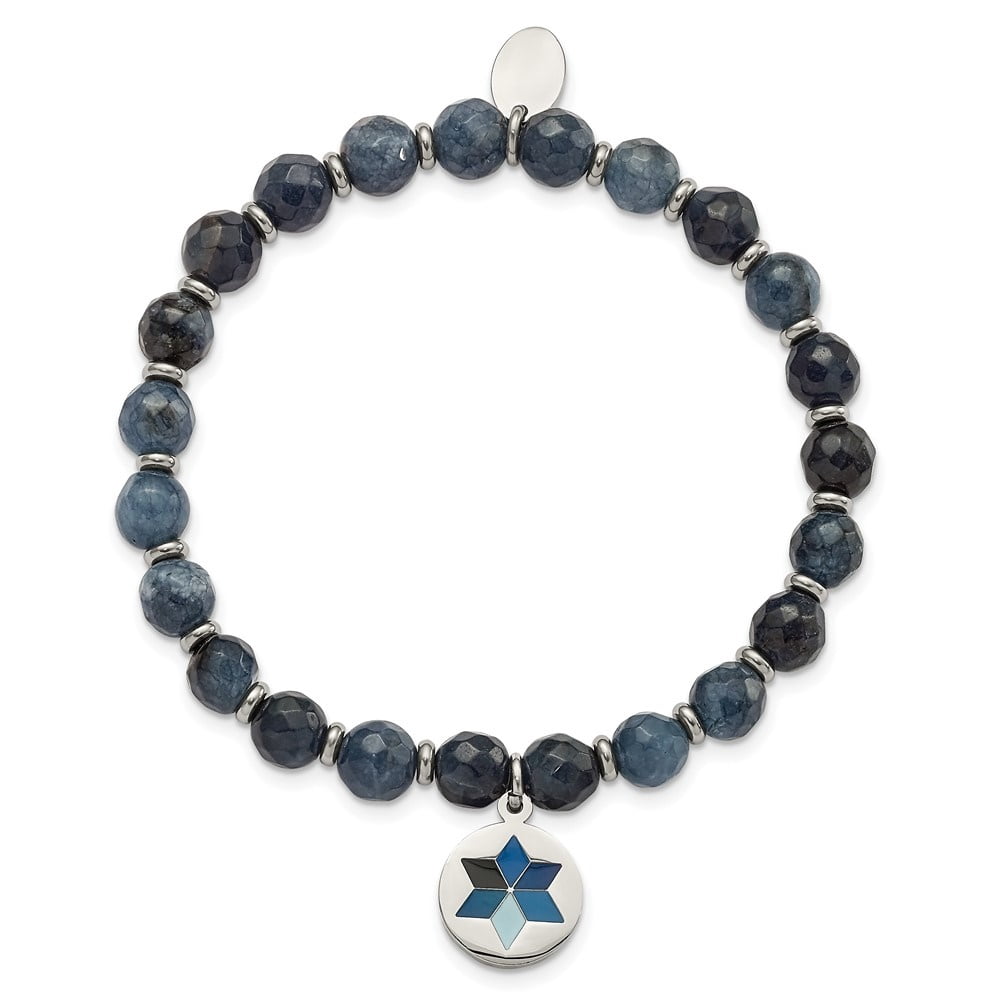Auriga Fine Jewelry Stainless Steel Polished Enameled Flower Charm 6mm Blue Jade Beaded Stretch Bracelet for Women