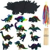 Outus 48 Pieces Scratch Dinosaur Paper Rainbow Scratch Paper Dinosaur Craft Art Kits with 24 Pieces Wooden Styluses and 48 Pieces Ribbons for Dinosaur Birthday Party Game Supplies