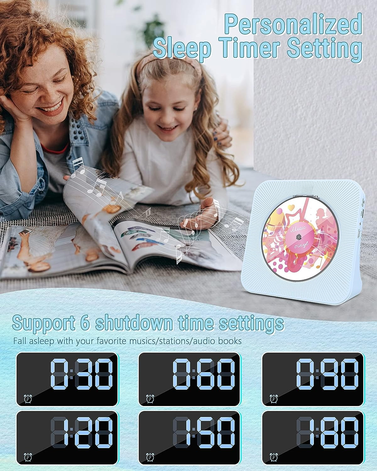 CD Player Portable Bluetooth Desktop 4000mAh Rechargeable CD Player with Remote Control for Home CD Player with Timer HiFi Speakers Dust Cover LCD Screen Display FM Radio-Blue