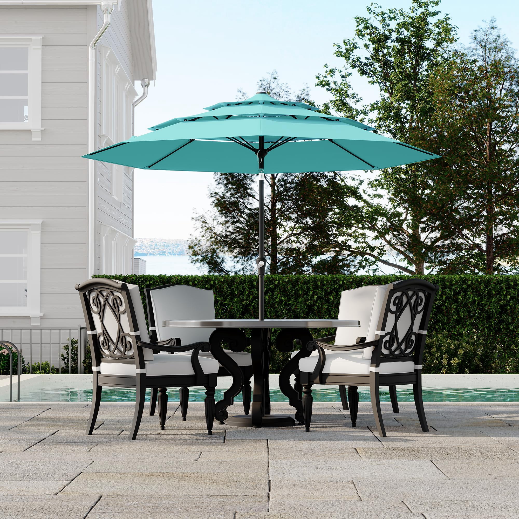 Memoryfield 9FT Outdoor 3-Tier Vented Market Table Umbrella, Heavy-Duty Patio Umbrella with 8 Ribs, Hand Crank & Ventilation, Blue