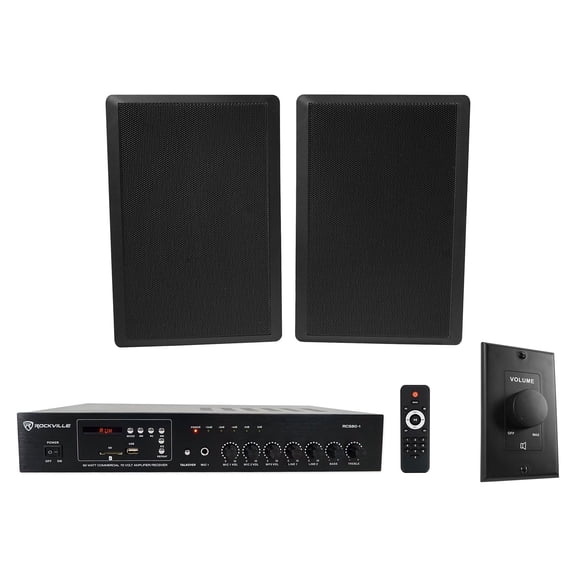 Rockville Commercial Restaurant Amp (2) Black Slim Wall Speakers Wall Controller
