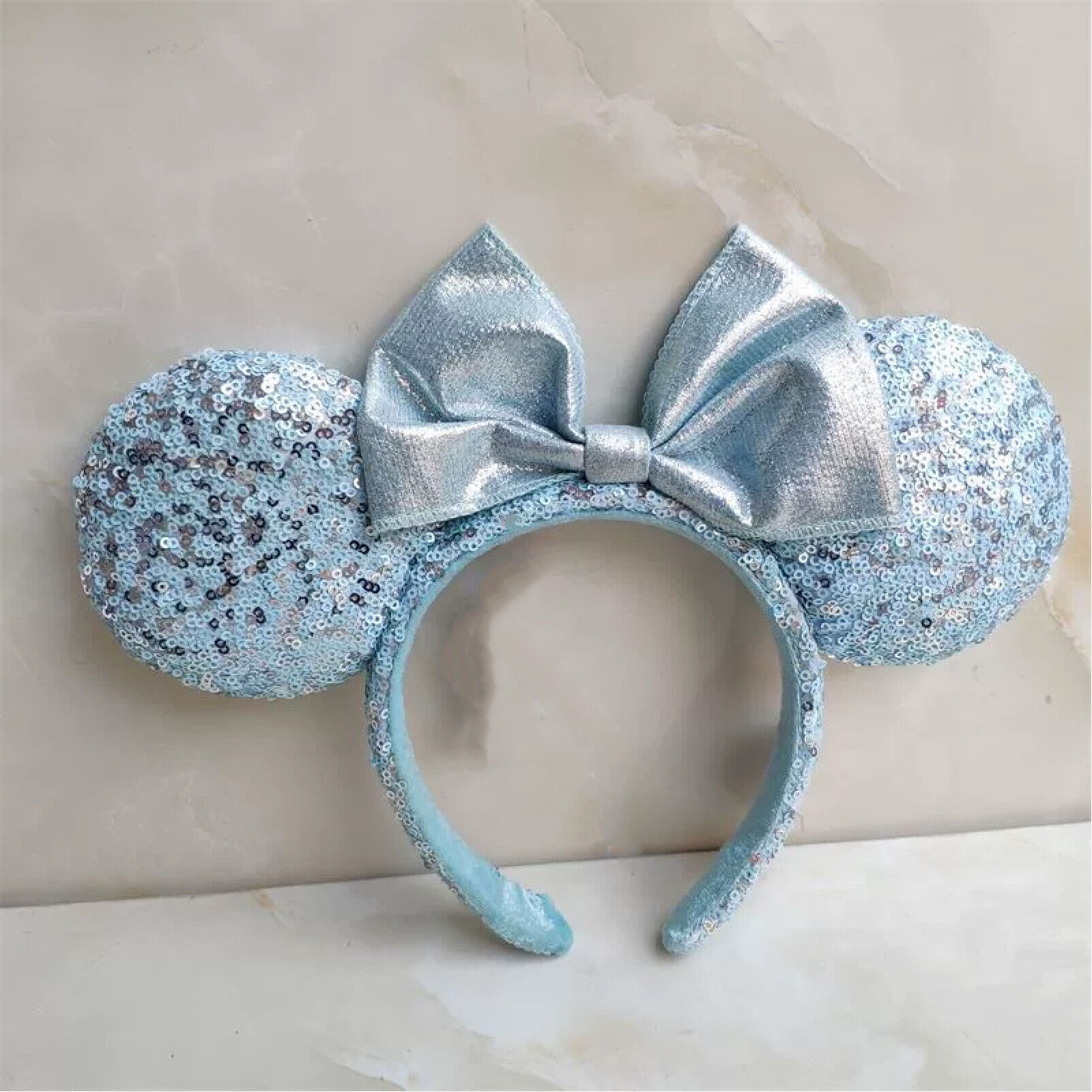 Disney Mickey Minnie Ears Aqua Blue Rhinestone Studded Satin Bow Disney World Brought Out the Bedazzler for the NEW BLUE  main image 3