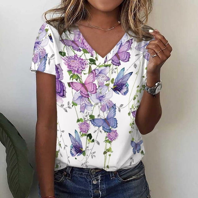 Camisetas con cuello en V para mujer, camiseta de flores, Top de manga corta informal suelto, camiseta divertida con patrón de rayas para mujer, camiseta informal Harajuku