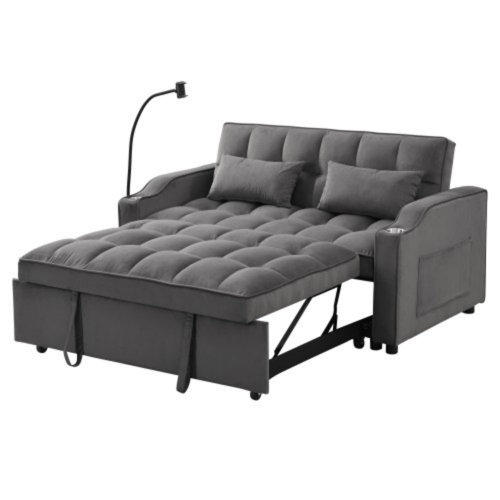 Velvet Loveseat Sofa Bed, 3-in-1 Convertible Sleeper Couch with USB Ports, Phone Holder & Pullout Bed, Dark Gray