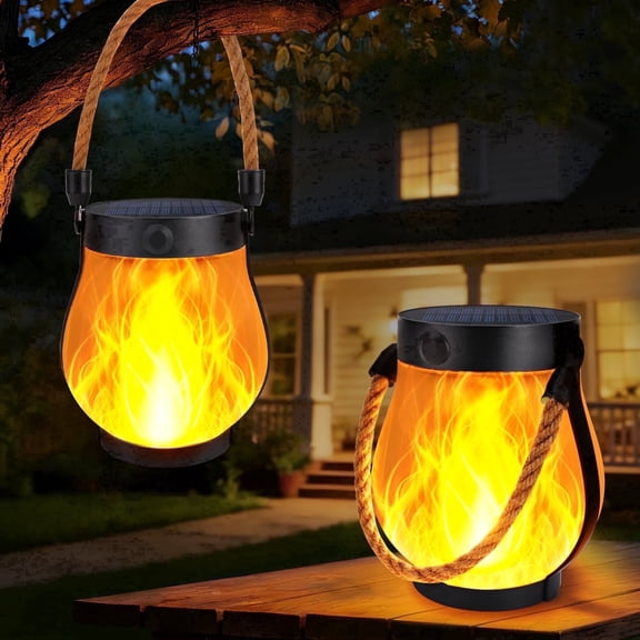 Solar Lantern Outdoor, 2 Pack Hanging Solar Lights with Flikering Flame, Waterproof Vintage Decorative Lights for Garden Patio Yard