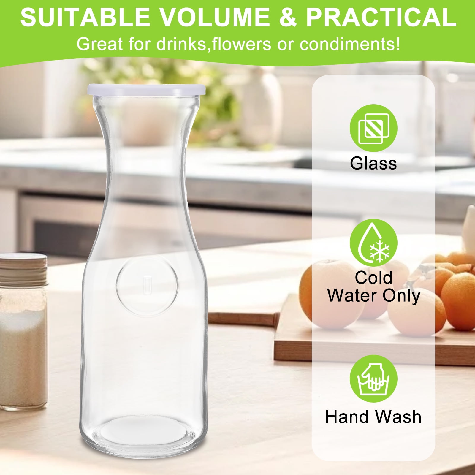 4 Pack Glass Carafe with Lid,35 oz Clear Glass Pitcher,Dishwasher Safe Beverage Drink Dispensers for Brunch, Party