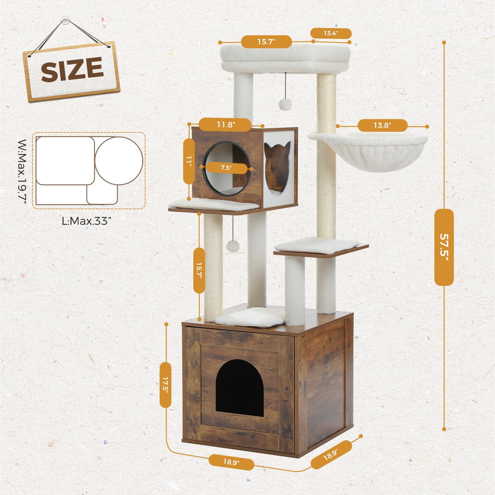 Tall Cat Tree with Litter Box Cabinet, 57.5 Inch Wooden Cat Tower for Large Cats, Multi-Level Scratching Posts, Hammock Bed, Perch & Enclosed Condo, Wood Walnut