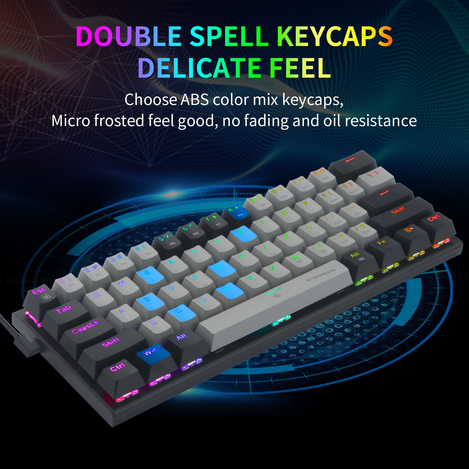 60% Wired Mechanical Gaming Keyboard, E-YOOSO RGB Backlit Ultra-Compact 61 Keys Hot Swappable Mini Waterproof Wired Office Keyboard with Red Switches for Windows, Mac OS Gamers (Grey Black)