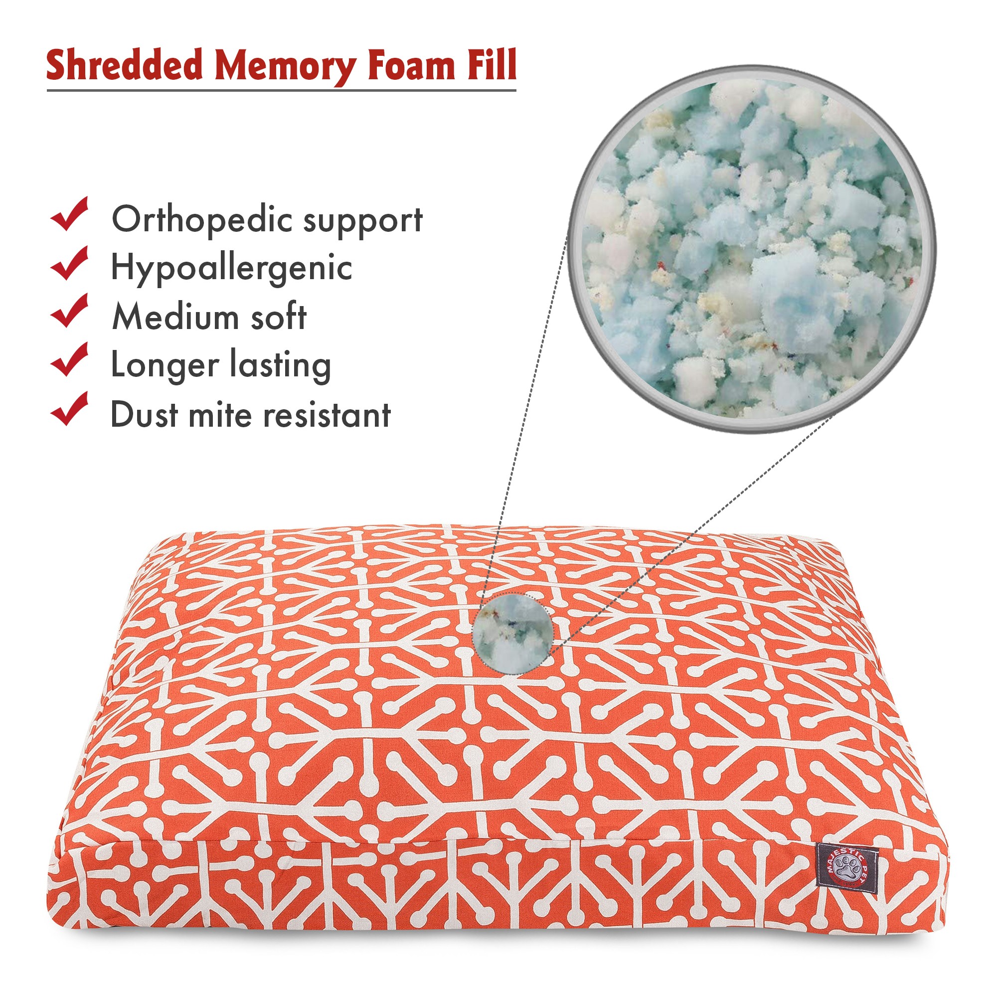 Majestic Pet | Aruba Shredded Memory Foam Rectangle Pet Bed For Dogs, Removable Cover, Orange, Medium