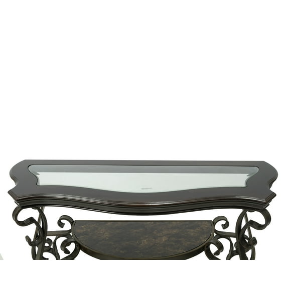 Lisonu Traditional Sofa Table with Glass Top, Dark Brown Birch Veneer with Marble Shelf, 54"Lx20"Wx30"H