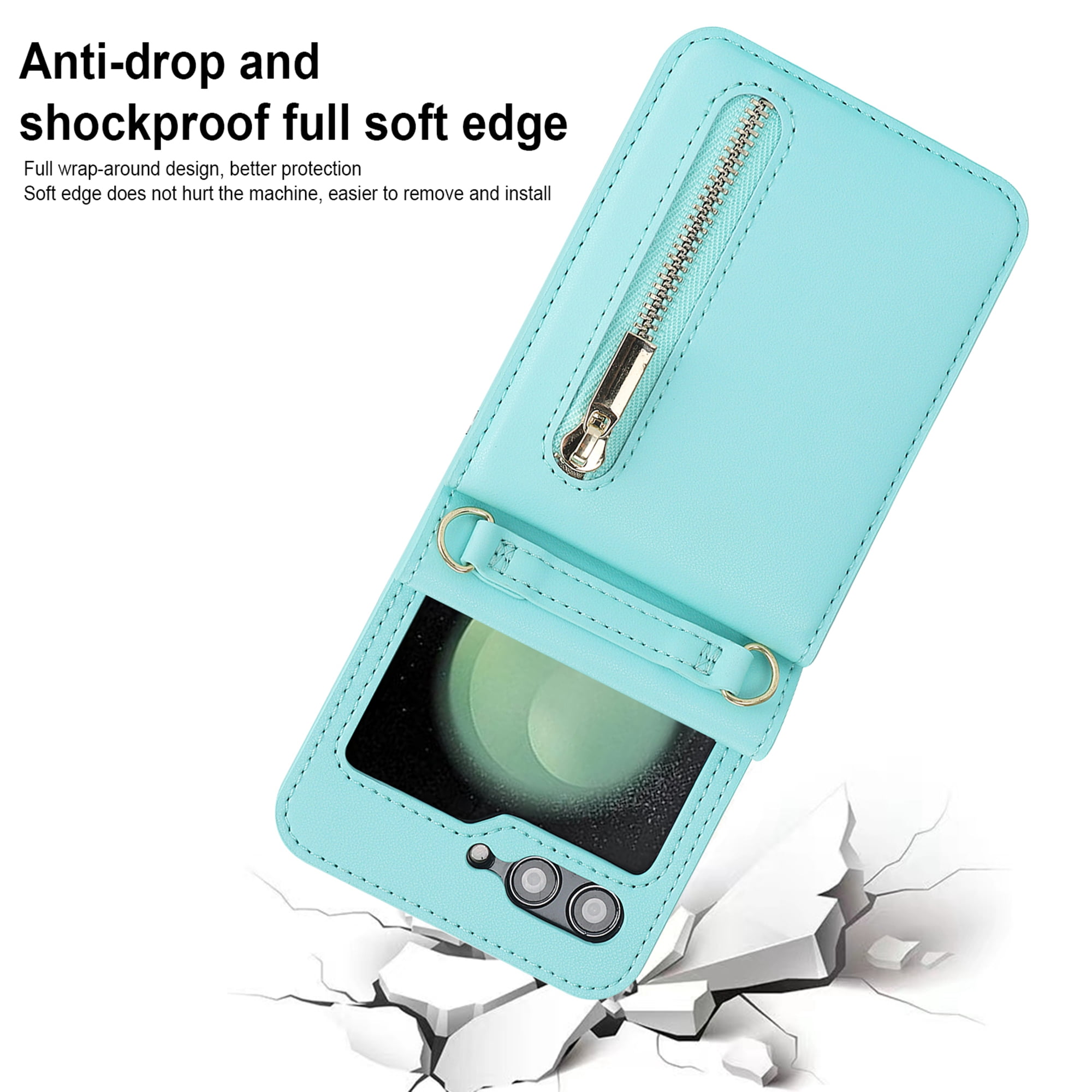 Decase for Samsung Galaxy Z Flip 5 Luxury Zipper Wallet Phone Case, Multi-Function Kickstand Card Holder Adjustable Fashion Flip Cover Case with Crossbody Strap for Samsung Z Flip 5 5G,Mint