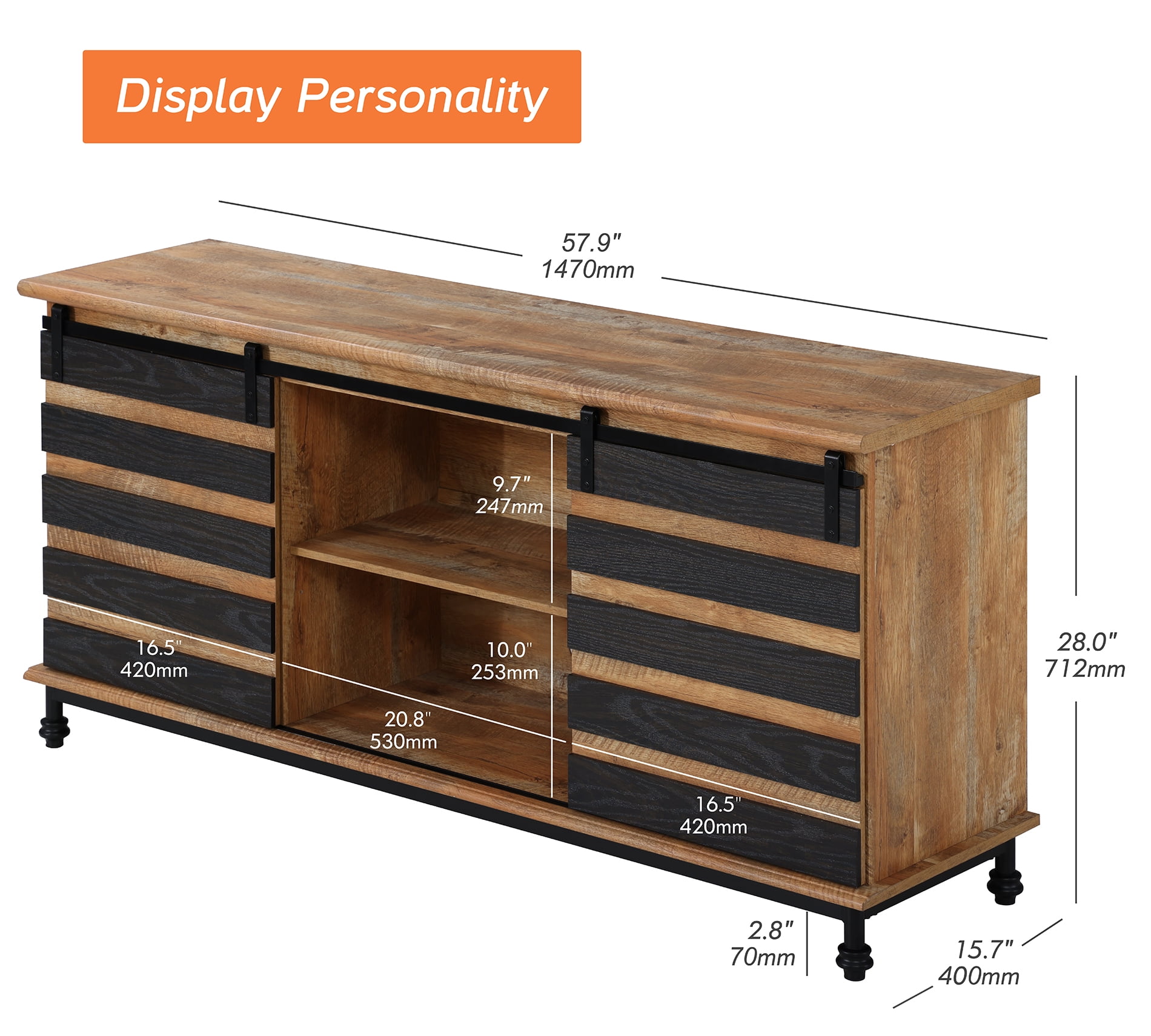 Farmhouse TV Stand for TVs up to 65 Inches, Wood Media Entertainment Center with Storage Cabinet for Living Room, Black & Brown