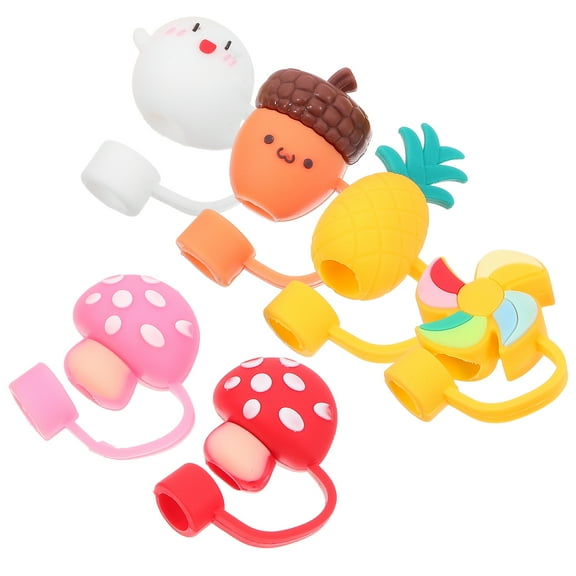 Cartoon Bear Straw Toppers Reusable Silicone Drink Covers for 6pcs Assorted Color