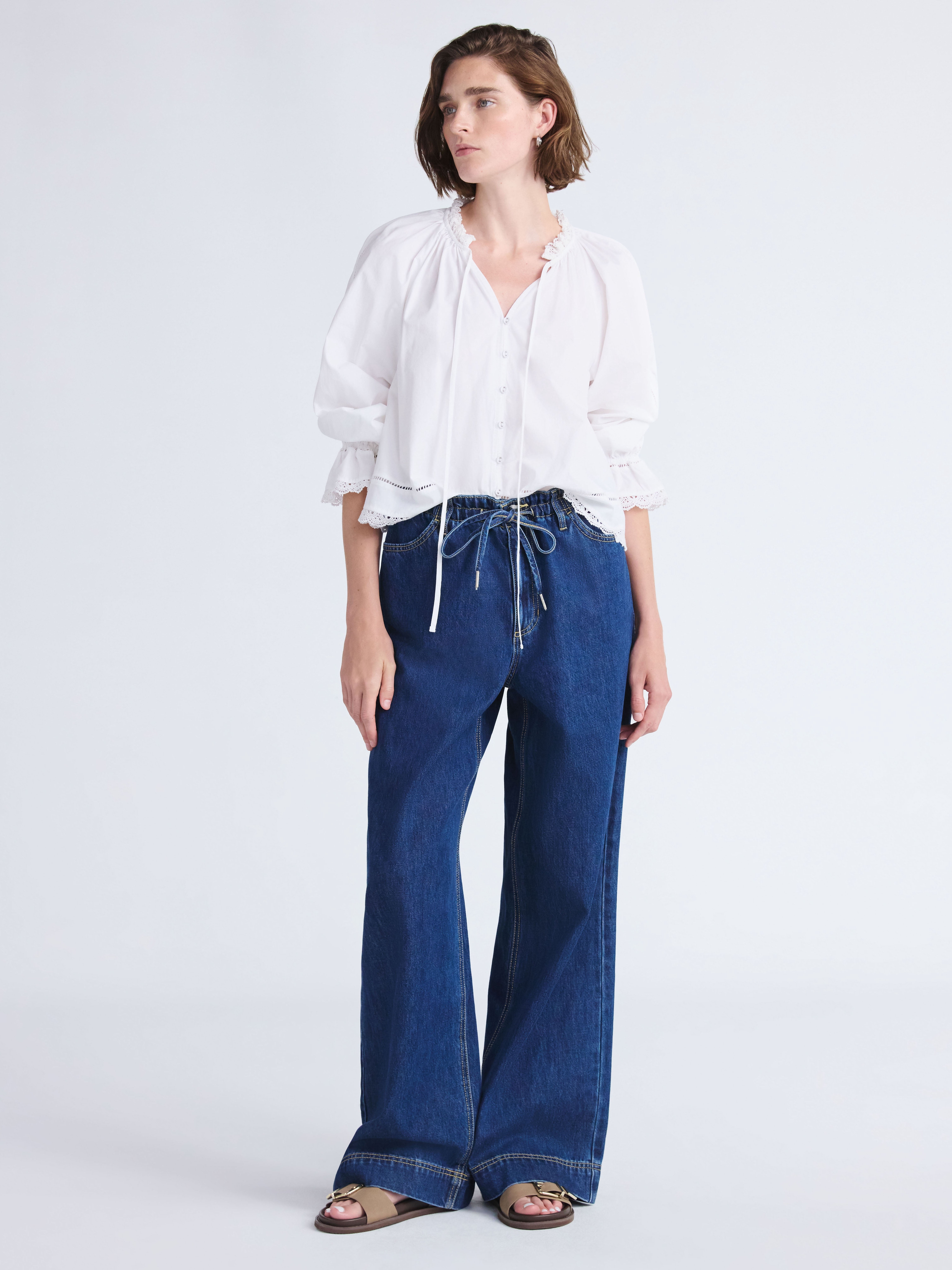 Free Assembly Women's Loose Fitting Wide Leg Jeans with Adjustable Tie Waist, 32" Inseam, Sizes 0-26