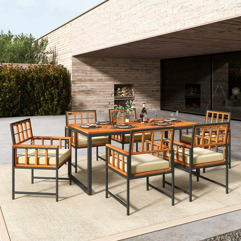 Costway 7PCS Outdoor Patio Dining Set Acacia Wood Table Soft Cushions Umbrella Hole Walmart