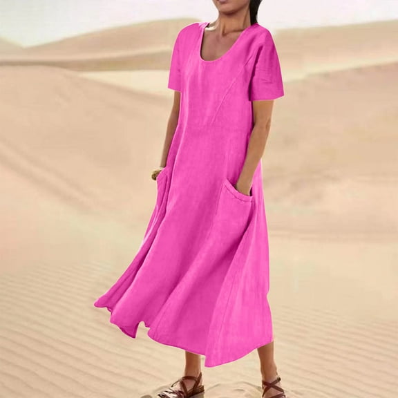 Dxzfnsa Women's Maxi Dresses Women's Summer Crew Neck Solid Color Dresses Plus Size Loose Cotton Linen Long Dresses with Pockets