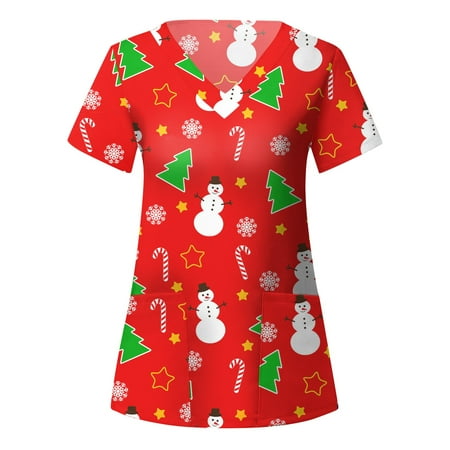 

Women Scrub Tops Christmas Short Sleeve V Neck Cartoon Printed Top Nursed Working T Shirts Blouse With Pockets