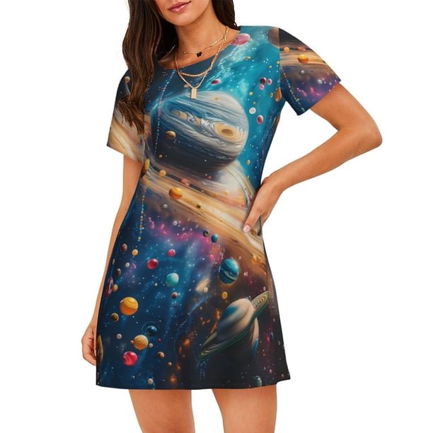 Balery Colorful Planet Universe Camisón de manga corta con cuello redondo para mujer, cómodo y elegante.