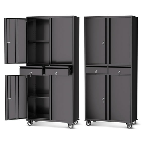 Garvee 71" Garage Storage Cabinets, Rolling Metal Cabinet with Adjustable Shelves & 2 Drawers for Home, Office, Garage, Black