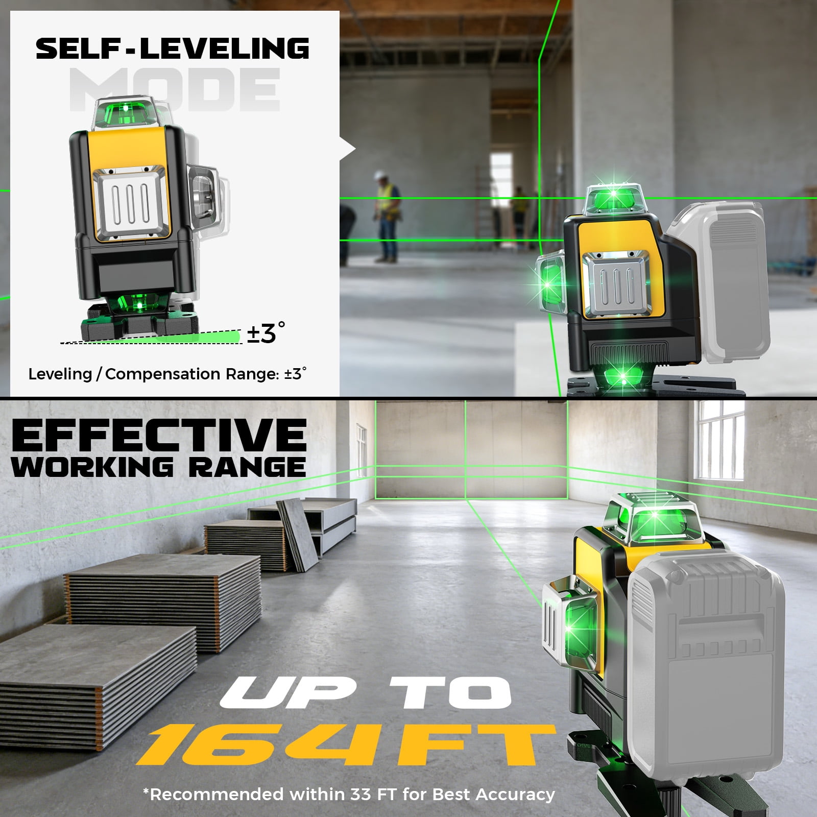 Laser Level with Tripod Compatible with 20V Battery, 4D Green 16-Line 4x360° Self Leveling Lazer Leveler Tool for Construction, Floor Tile, Home Renovation, Indoor Use, NO Battery