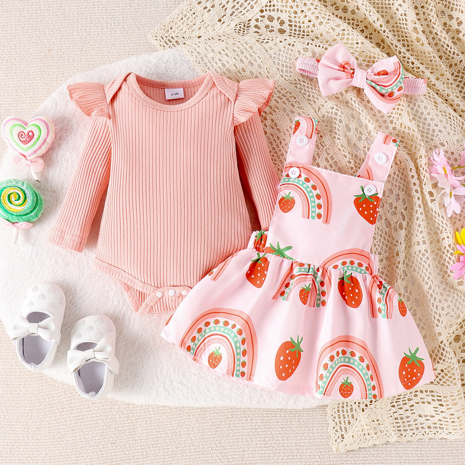 OBEEII Infant Toddle Girls Clothes Long Sleeve Jumpsuit and Strawberry Printed Skirt Fall Winter Casual Outfits Suit Cake Smash with Headband 3Pcs