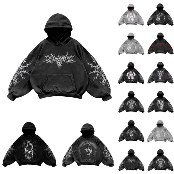 Mens Vintage Hoodies Y2K Graphic Pullover Long Sleeve Hooded Sweatshirt Streetwear Loose Black L