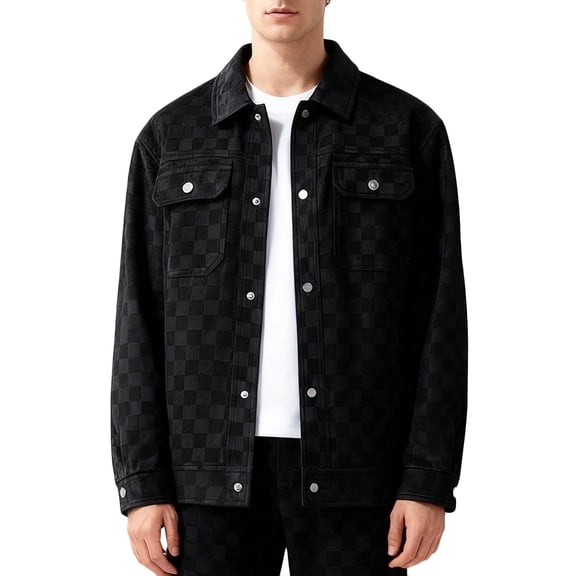 YueHuiYing Men's Checker board Turn Down Collar Jacket Casual Snap Button Pocket Outerwear Long Sleeve Hoodless Coat