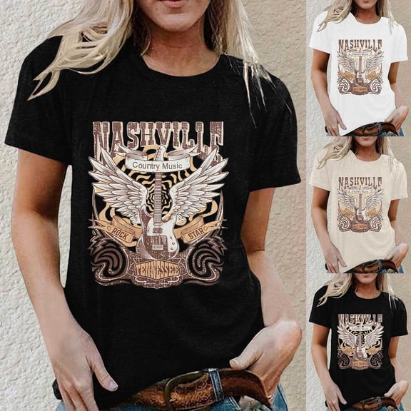 Trendfront Womens Nashville Guitar Tops Letter Graphic Crewneck Casual Short Sleeve Loose Fit Tee Trendy Fashion T Shirts Pullover Clothing