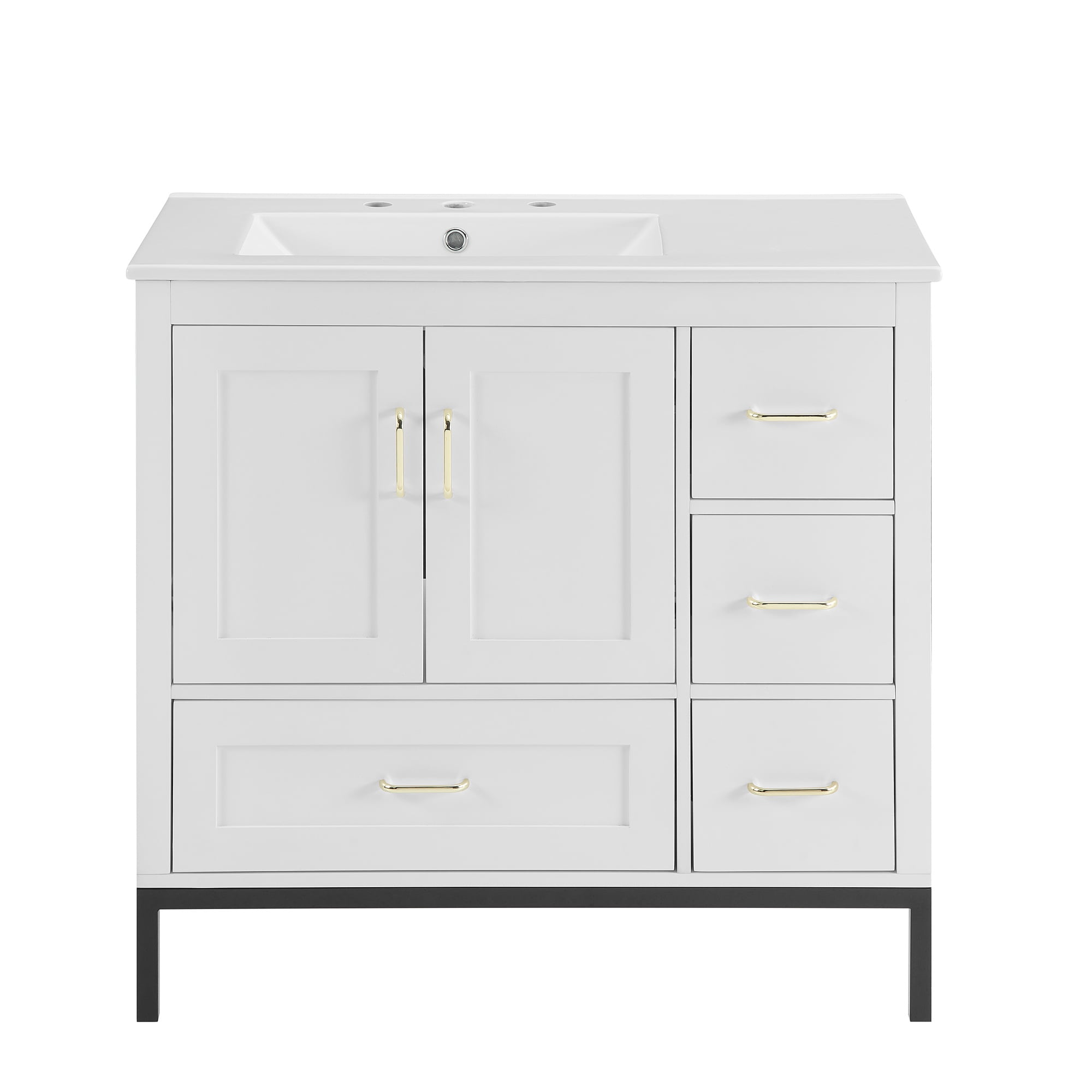 PORKISS Bathroom Vanity, Wooden Bathroom Vanity with Pedestal Under Sink, Freestanding Render Vanity with 2 Doors and 4 Drawers, Modern Vanity Cabinet for Bathroom, White