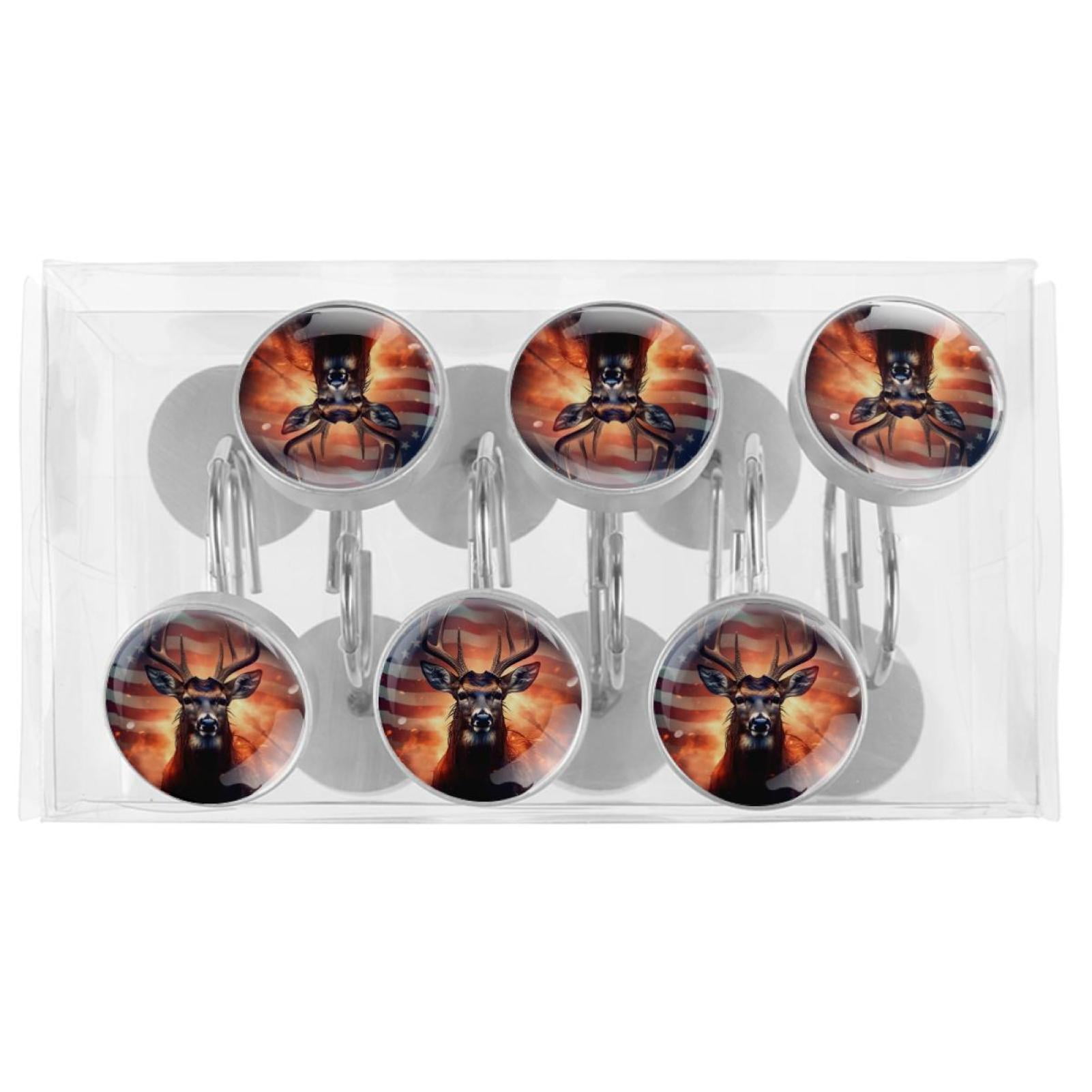 Deer Shower Curtain Hooks （Set of 12） for Home Hotel Shower Rods Bathroom Crystal Glass Print Stainless Steel Round Curtain Hooks
