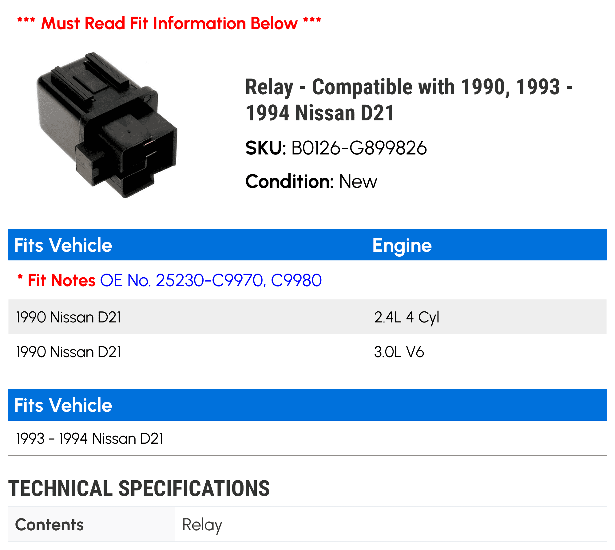 Relay - Compatible with 1990, 1993 - 1994 Nissan D21