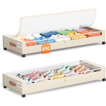 Under Bed Storage with Wheels 2 Pack, 85L Extra Large Under Bed Storage Containers with Metal Frame & Clear Lid, Rolling Underbed Organizer Bins Drawers for Clothes, Shoes, Blankets, Beige