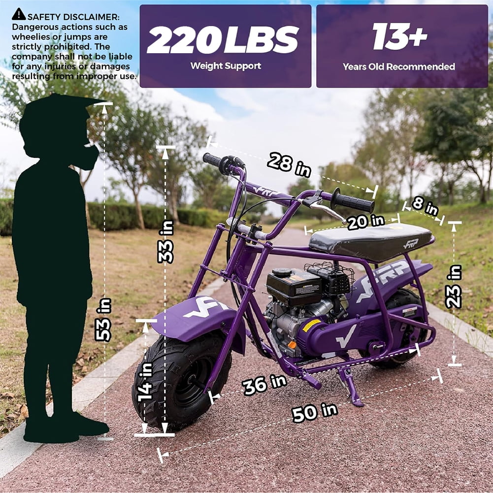 FRP GMB100 99cc Gas Powered Mini Dirt Bike with Training Wheels, 28MPH Off-Road Motorcycle for Teens and Adults, Up to 220 LBS, Enhanced Stability - Purple