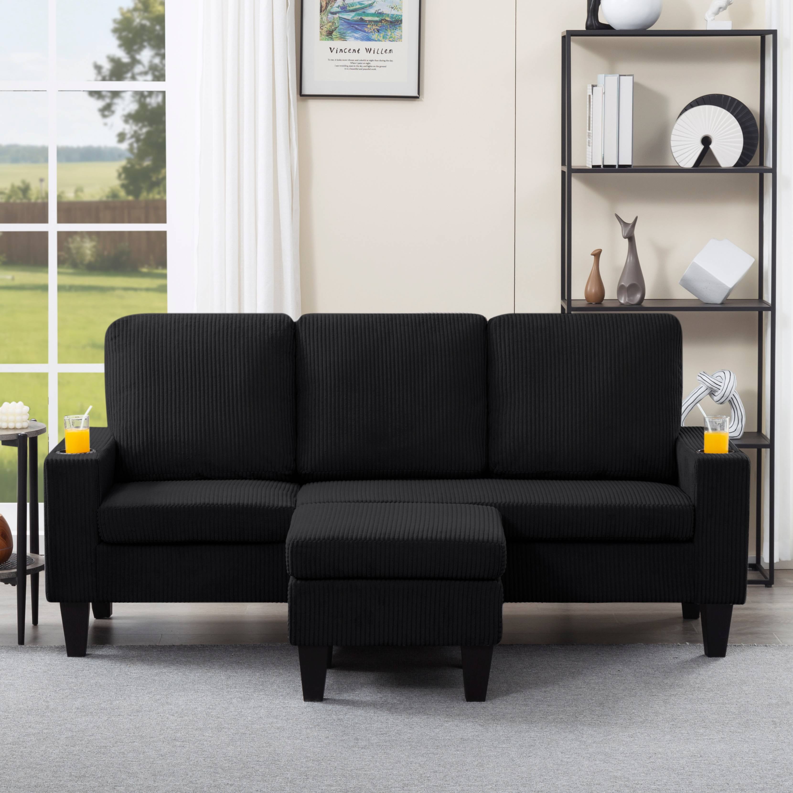 BSHTI 69.88 inch Modern Style Sectional L-Shaped Sofa Couch, 3-seater Sofa Couch with movable ottoman for Livingroom,Black