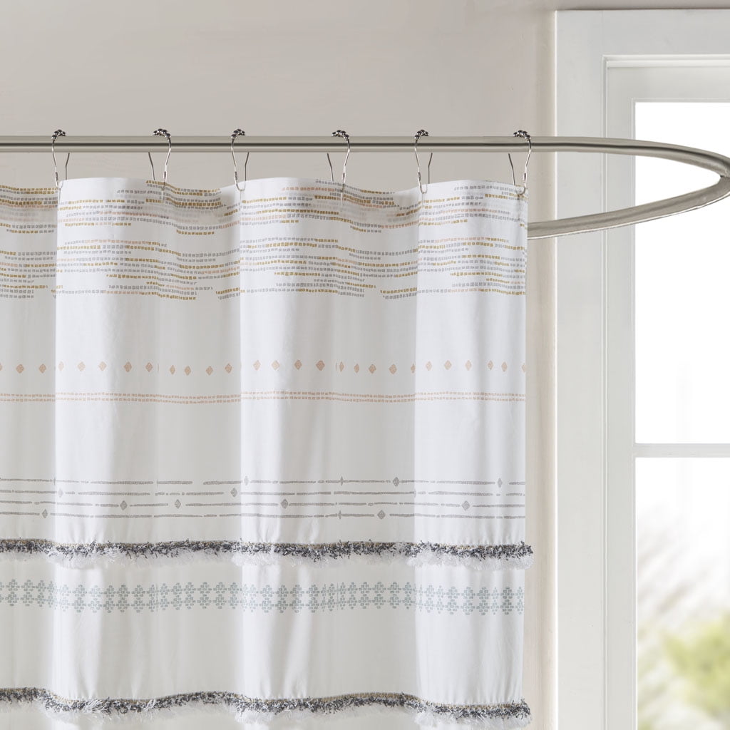 MAYEERTY Cotton Printed Shower Curtain, Off White+Gray，Bathroom Shower Curtains, 72" W x 72” H