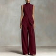 thumbnail image 2 of VBVC Women's Stand Collar Sleeveless 2 Piece Suit , Office Vacation Wide Leg Outfit For Women , Ladies' Split Hem Button Tracksuit with Pockets,Wine,S-2XL, 2 of 7