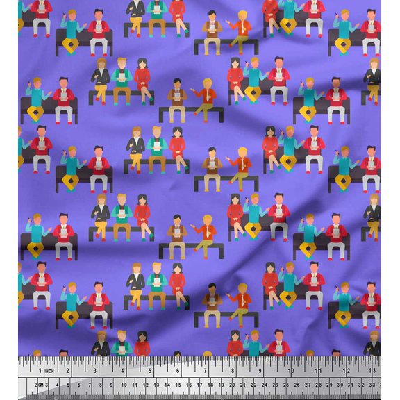 Soimoi Purple polyester Crepe Fabric Human Group Printed Fabric 1 Yard 42 Inch Wide