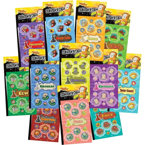 Just For Laughs Dr. Stinky's Scratch n Sniff Stickers 15 Pack- Fish, Cow, Campfire, Zombie, Wet Dog, Garbage, Bacon, Hot Wings, Smelly Cheese, Race Car, Black2