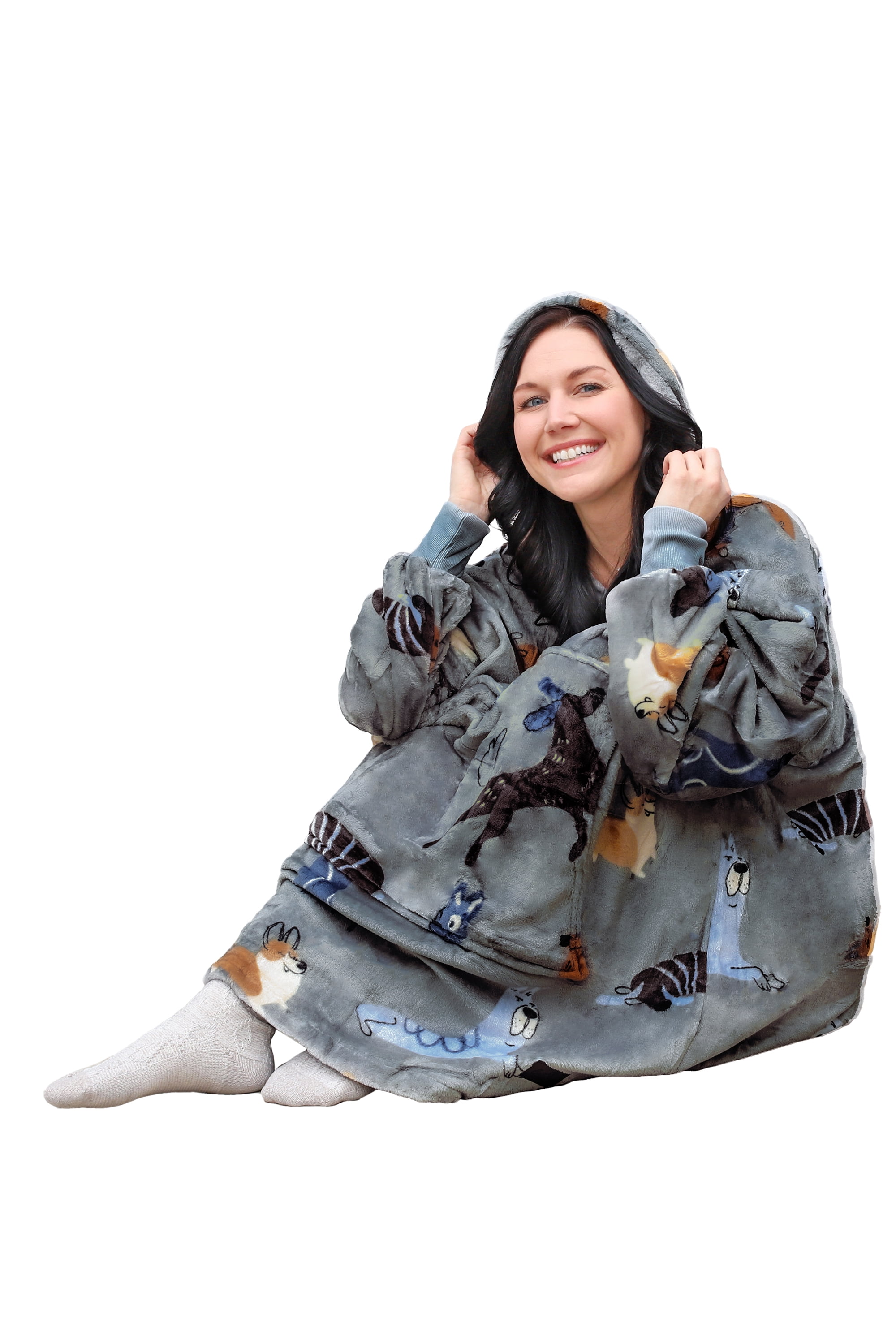 Catalonia Women's Hoodie Sweatshirt, Casual Pullover Sweater with front Pocket, Womens Fall Winter Clothing, Blanket Hoodie Sweatshirt, Dog Pattern