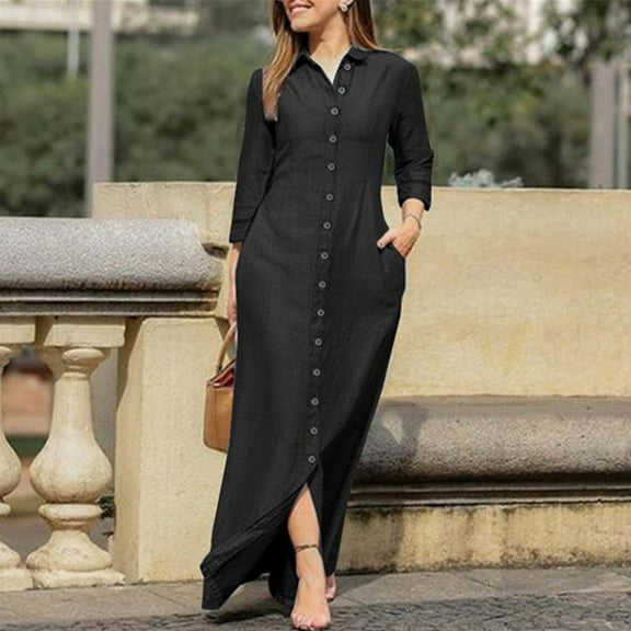 Idoravan Womens Long Sleeve Long Dress Women's Fashion Turndown Collar Loose And Comfortable Long Sleeve Long Dress
