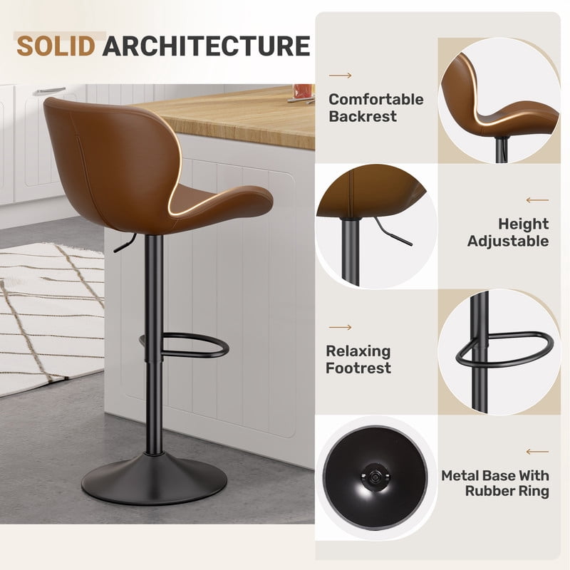 Hawsaiy Modern Swivel Bar Stools Set of 2, PU Leather Bar Chairs with Back & Footrest, Adjustable Height 22.2"-31" for Kitchen Island,Dark Brown
