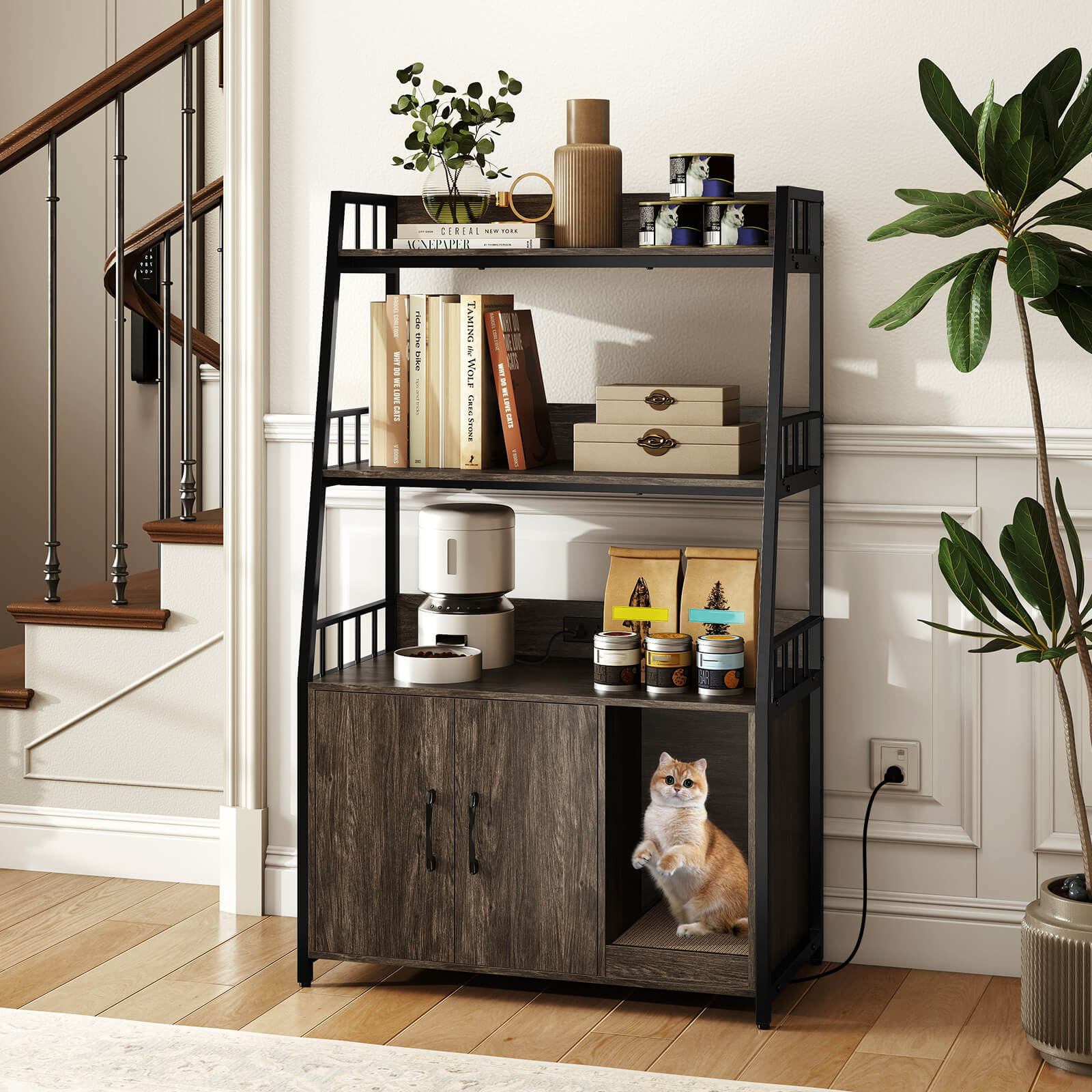 Costway Cat Litter Box Enclosure with Storage Shelves with Scratching Pad, Charging Station